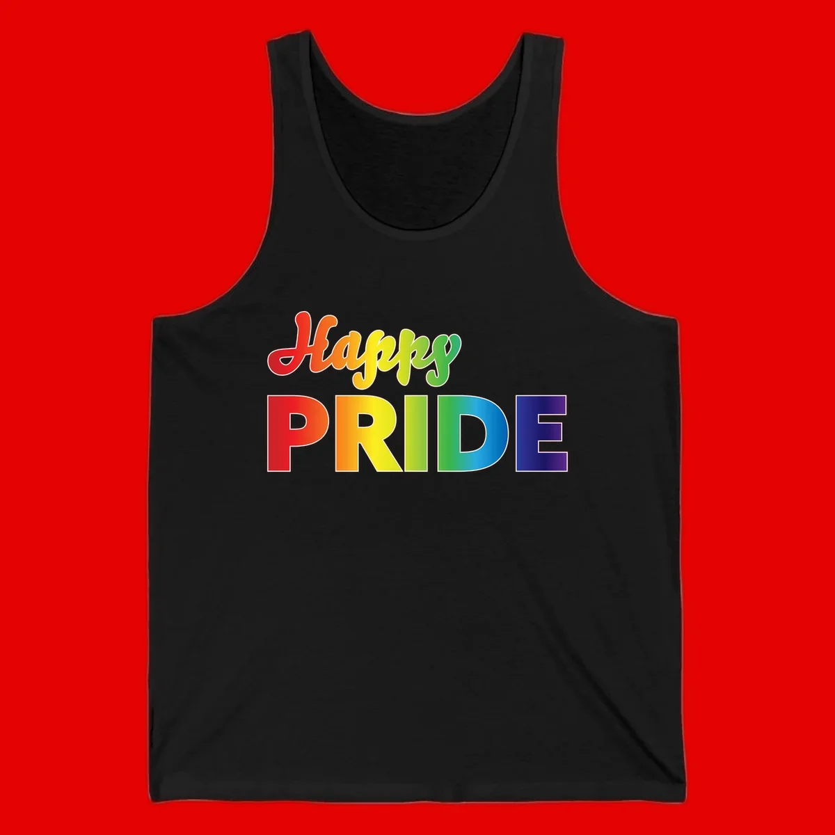 Happy pride rainbow gradient text design with colorful letters transitioning from red to purple