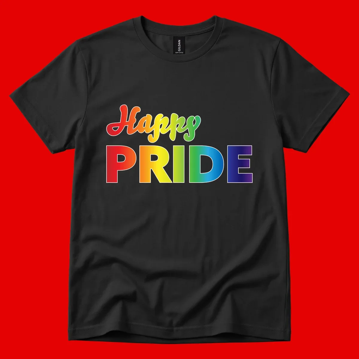 Happy pride rainbow gradient text design with colorful letters transitioning from red to purple