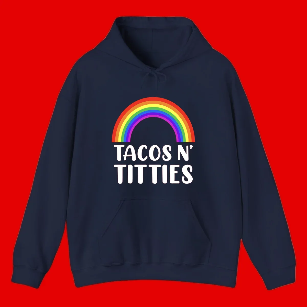 Colorful rainbow arc above white text reading 'TACOS N' TITLES' on gray background - tacos-n-rainbows-pride design