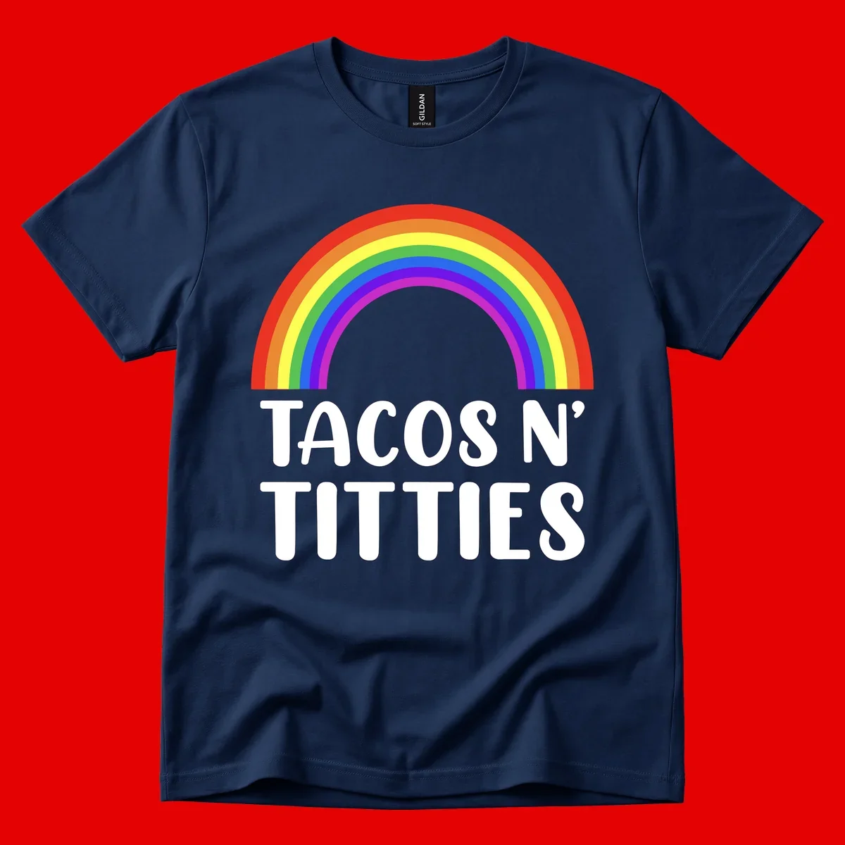 Colorful rainbow arc above white text reading 'TACOS N' TITLES' on gray background - tacos-n-rainbows-pride design