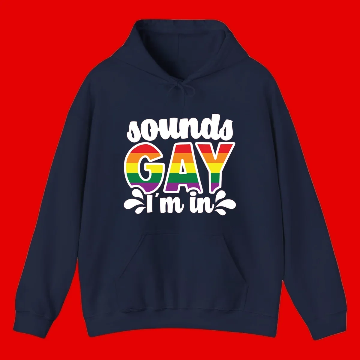 Rainbow pride flag striped lettering spelling 'PROUD GAY I'm in' with decorative flourishes on gray background