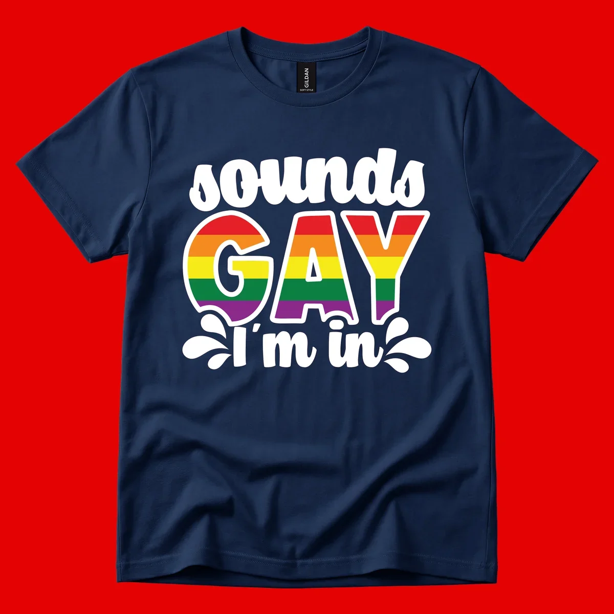 Rainbow pride flag striped lettering spelling 'PROUD GAY I'm in' with decorative flourishes on gray background
