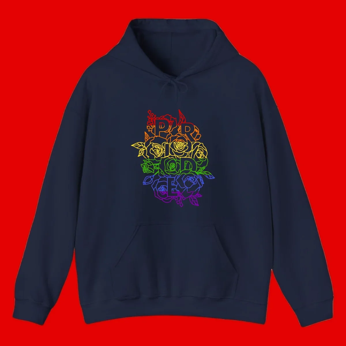 Pride rainbow floral design with the word PRIDE stacked vertically in rainbow colors, each letter surrounded by decorative roses and botanical elements.