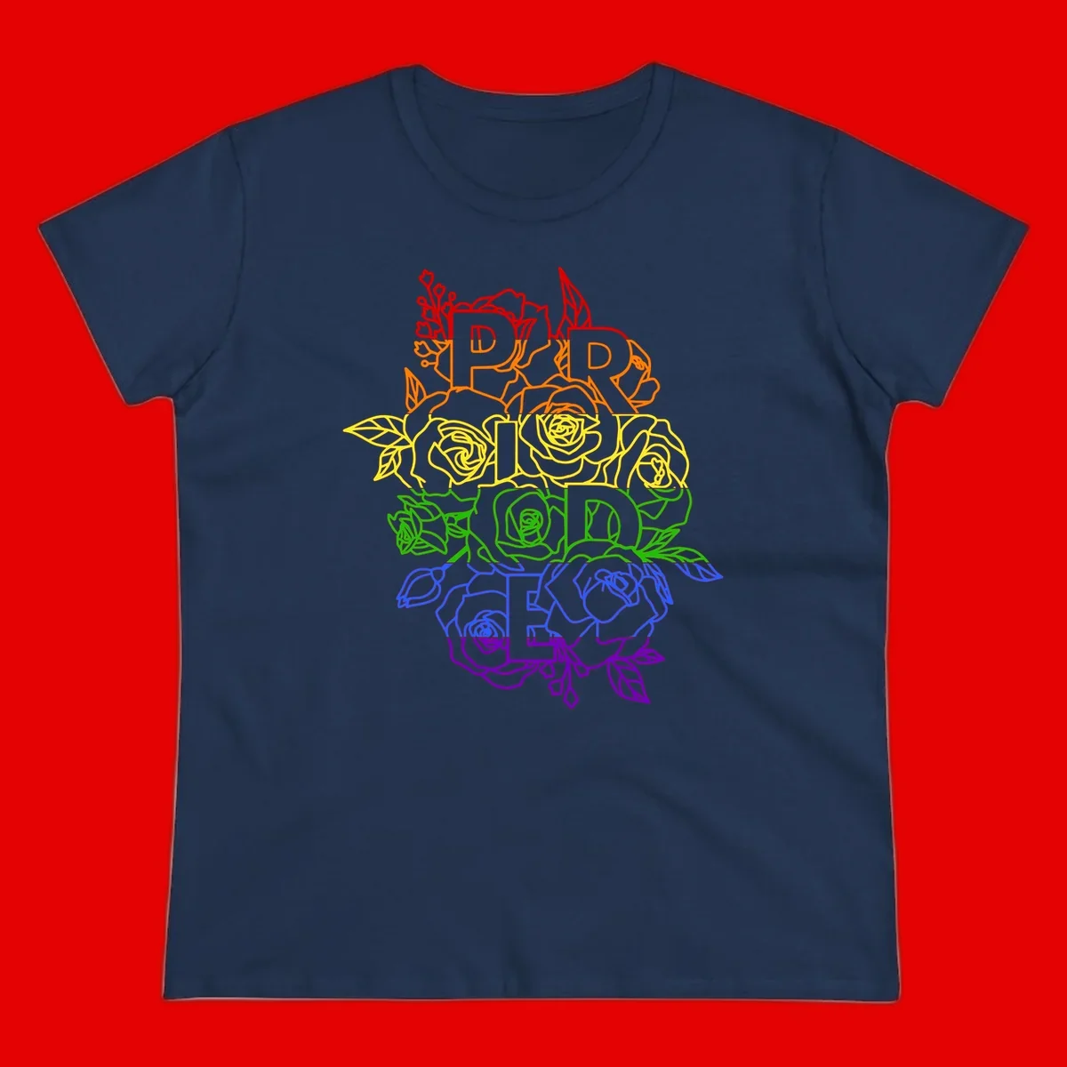 Pride rainbow floral design with the word PRIDE stacked vertically in rainbow colors, each letter surrounded by decorative roses and botanical elements.
