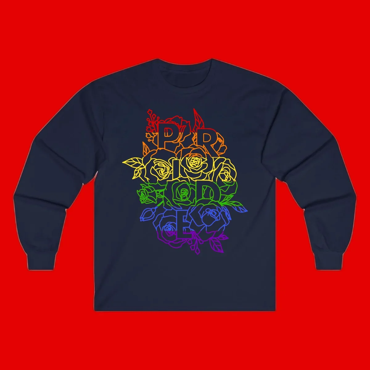 Pride rainbow floral design with the word PRIDE stacked vertically in rainbow colors, each letter surrounded by decorative roses and botanical elements.