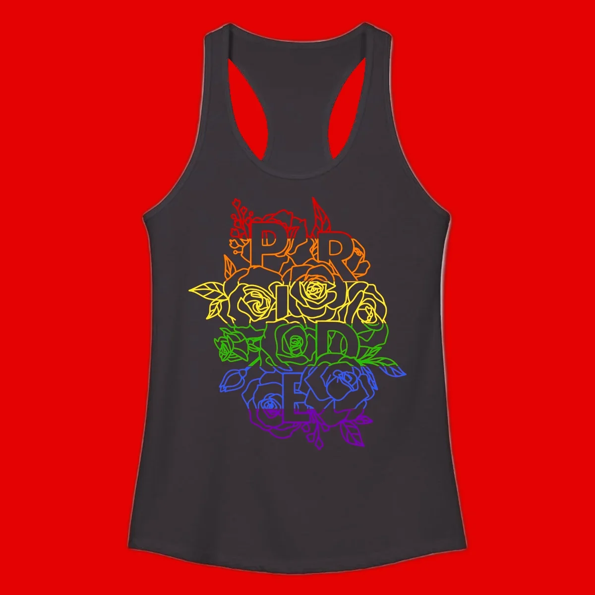 Pride rainbow floral design with the word PRIDE stacked vertically in rainbow colors, each letter surrounded by decorative roses and botanical elements.