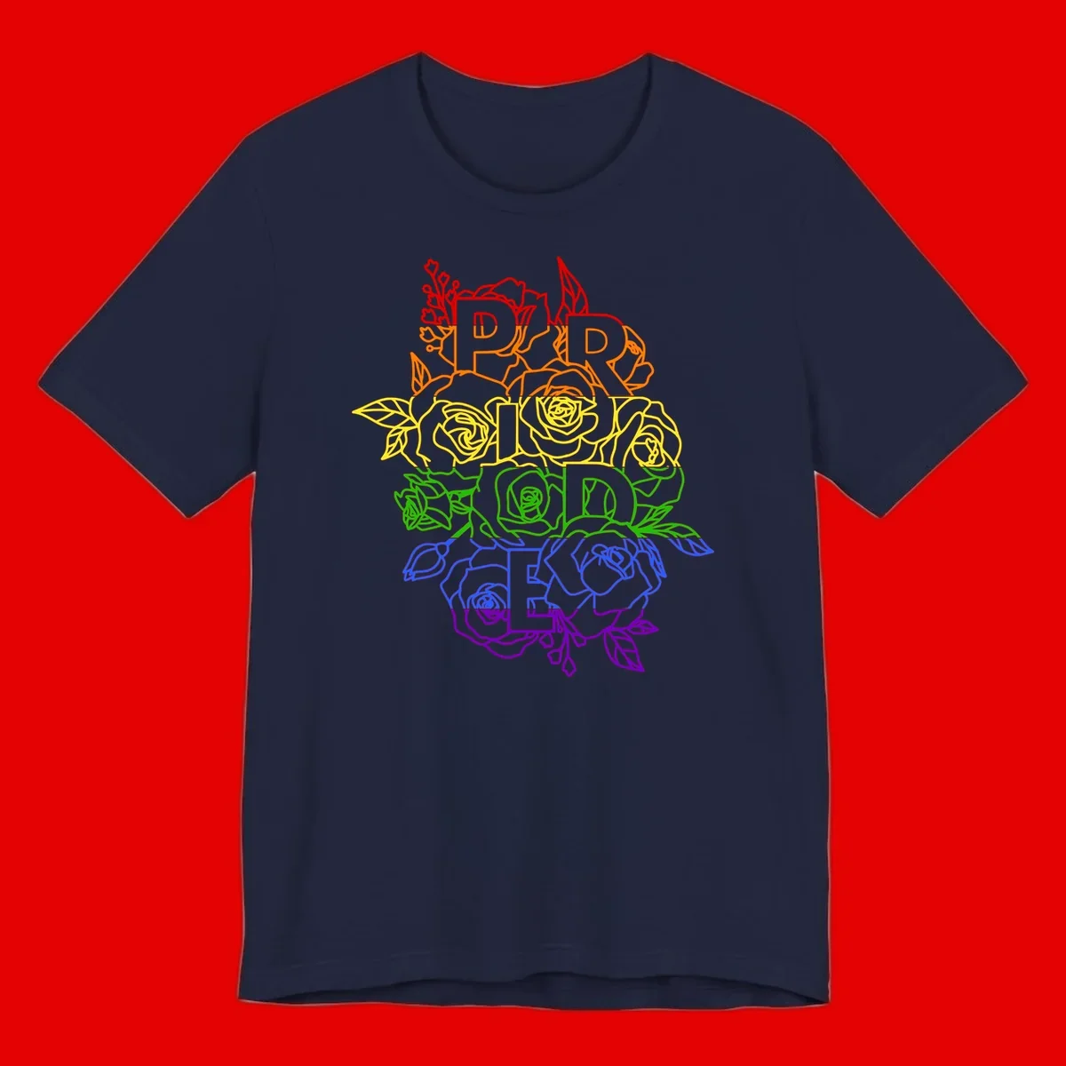 Pride rainbow floral design with the word PRIDE stacked vertically in rainbow colors, each letter surrounded by decorative roses and botanical elements.