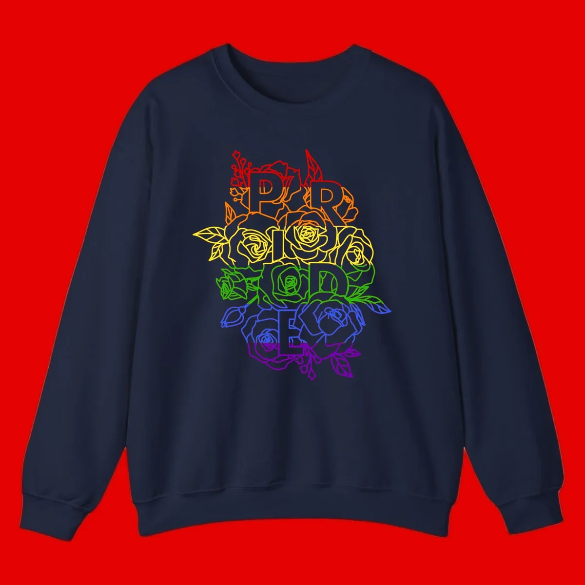 Pride rainbow floral design with the word PRIDE stacked vertically in rainbow colors, each letter surrounded by decorative roses and botanical elements.