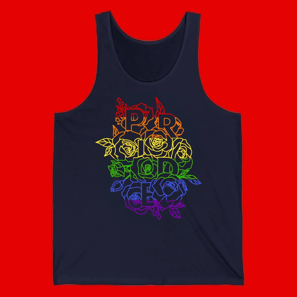 Pride rainbow floral design with the word PRIDE stacked vertically in rainbow colors, each letter surrounded by decorative roses and botanical elements.