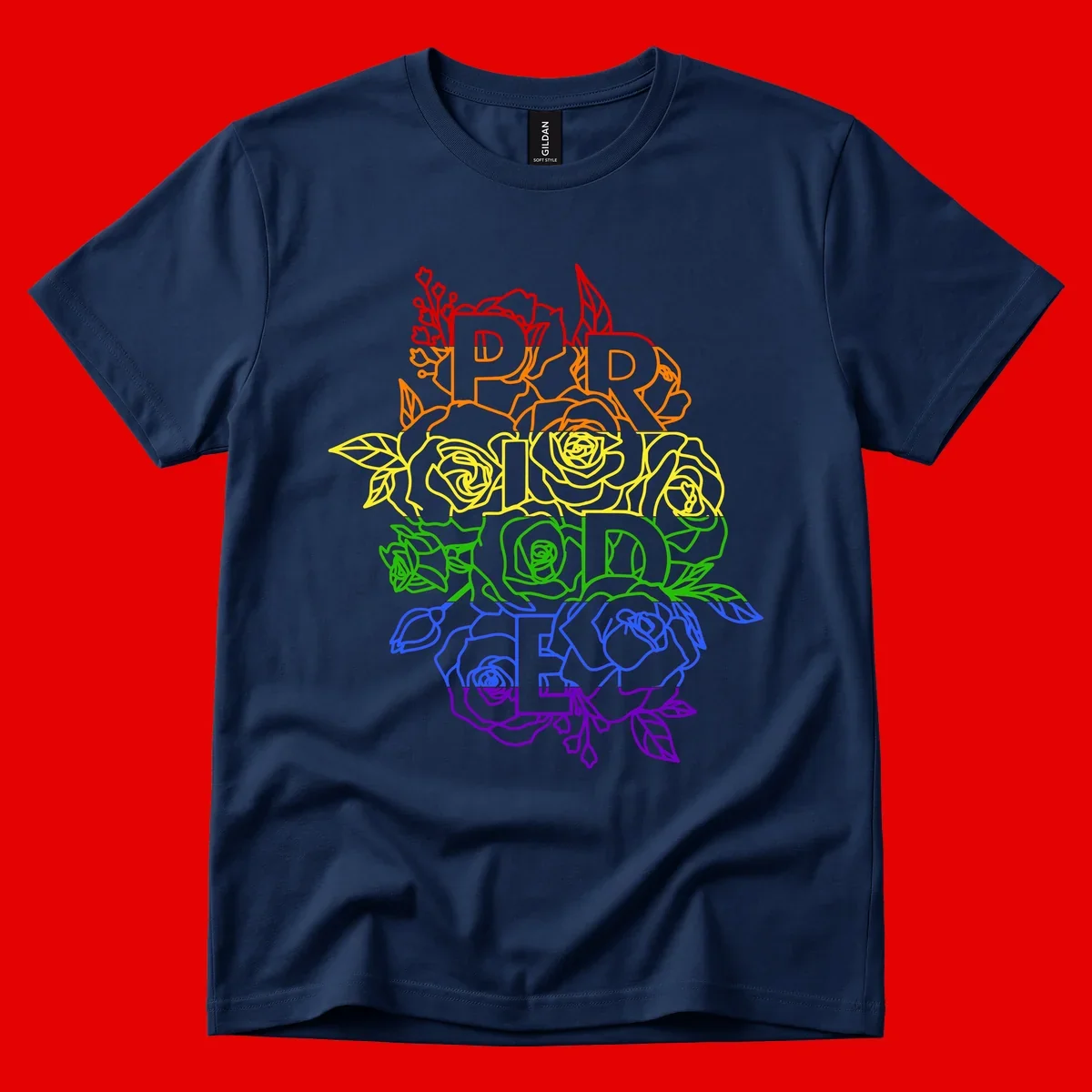 Pride rainbow floral design with the word PRIDE stacked vertically in rainbow colors, each letter surrounded by decorative roses and botanical elements.