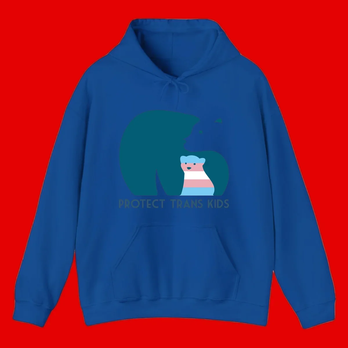 Illustration of large protective bear with small colorful striped cub inside, text reads 'Protect Trans Kids' in teal