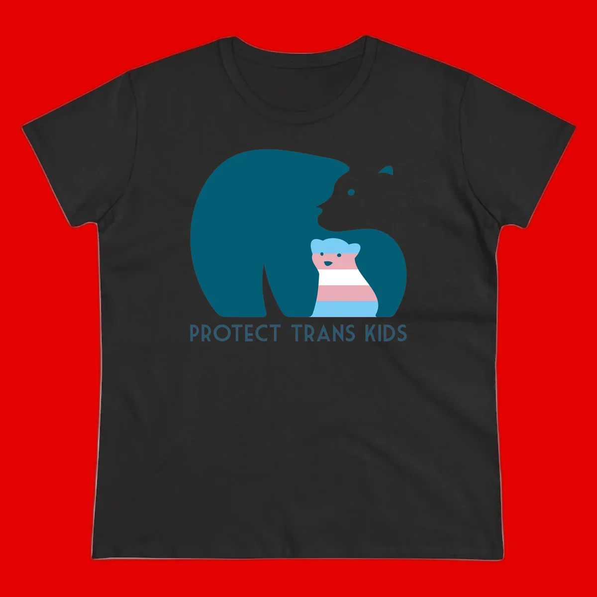 Illustration of large protective bear with small colorful striped cub inside, text reads 'Protect Trans Kids' in teal