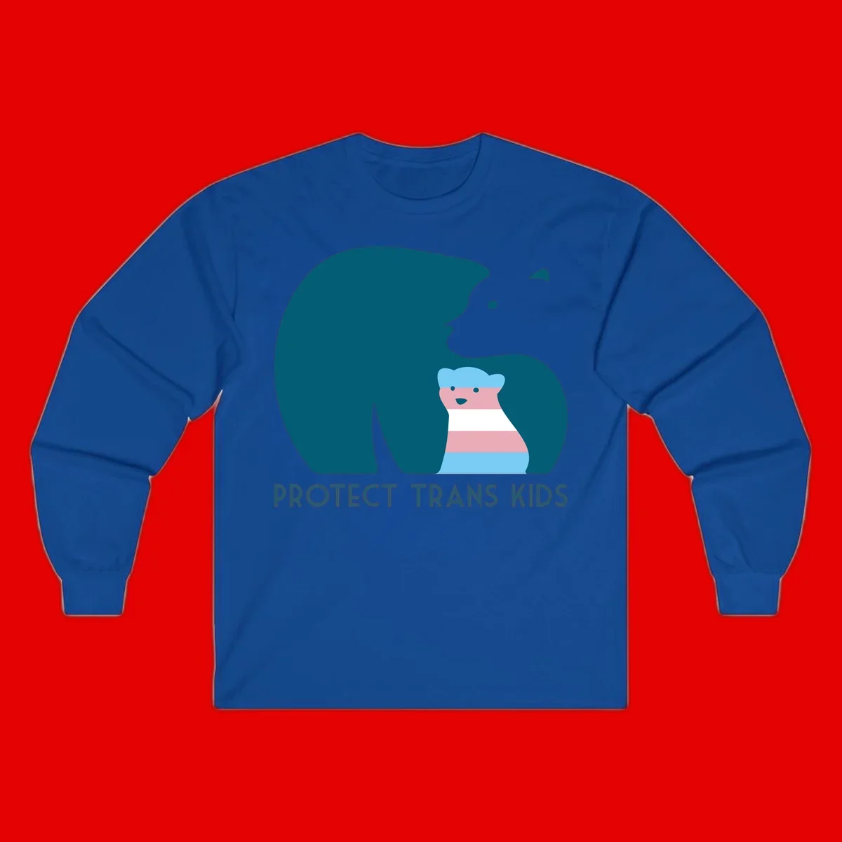 Illustration of large protective bear with small colorful striped cub inside, text reads 'Protect Trans Kids' in teal