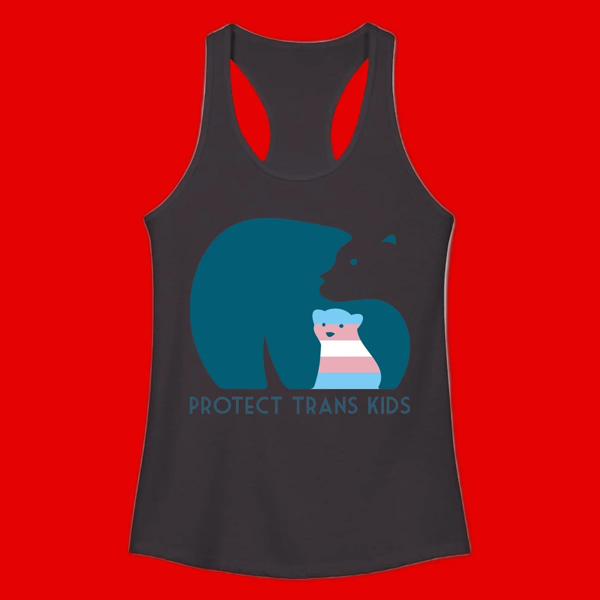 Illustration of large protective bear with small colorful striped cub inside, text reads 'Protect Trans Kids' in teal