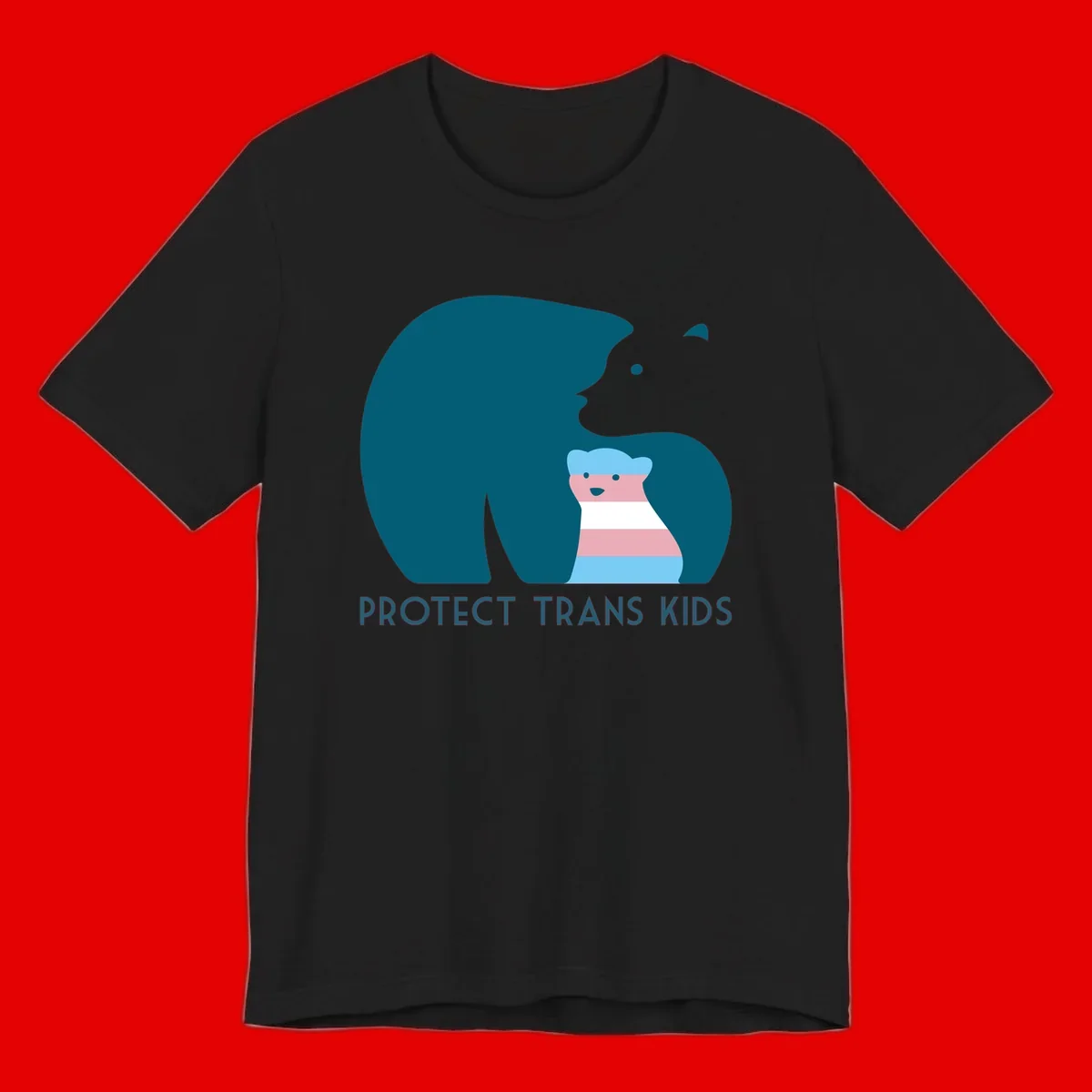 Illustration of large protective bear with small colorful striped cub inside, text reads 'Protect Trans Kids' in teal