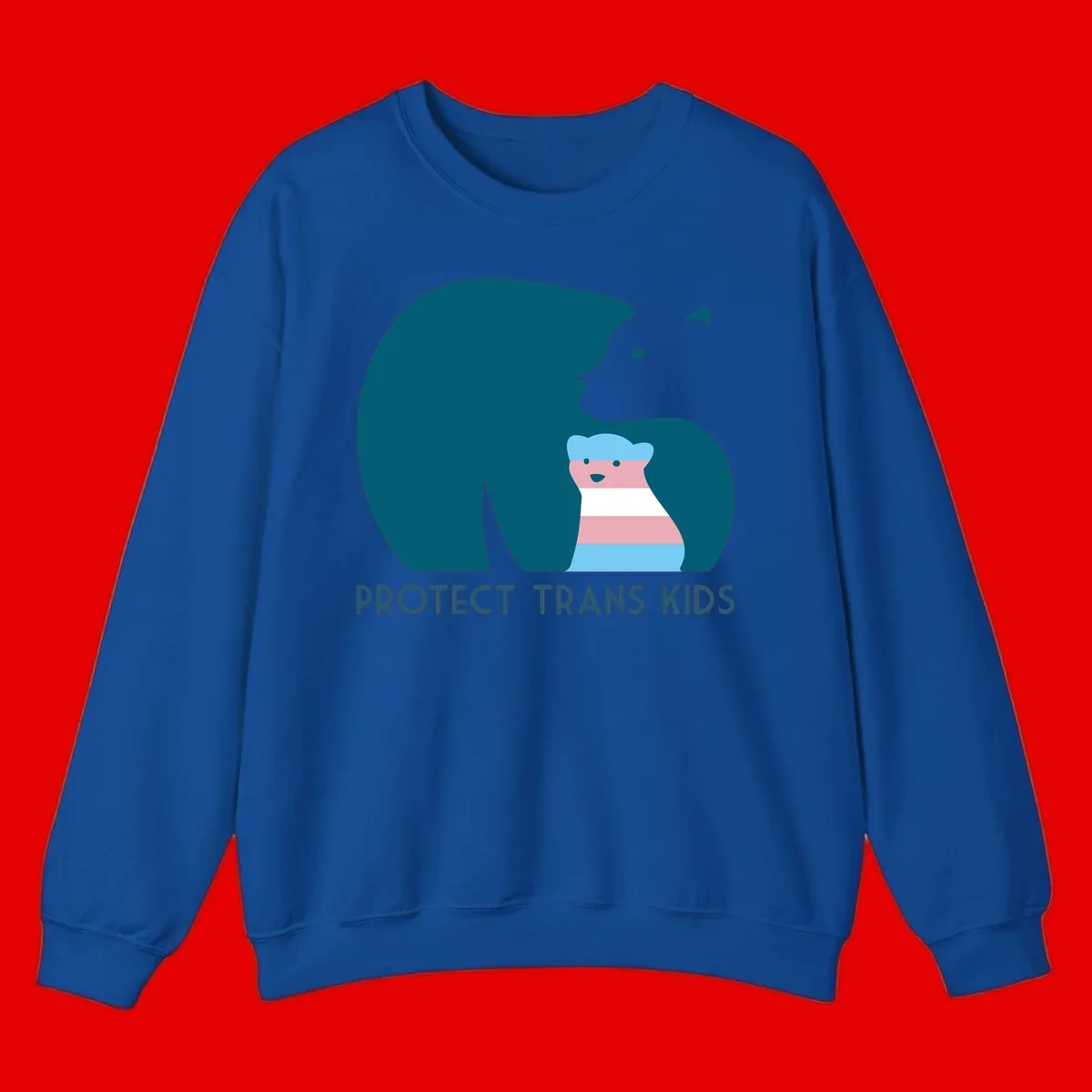 Illustration of large protective bear with small colorful striped cub inside, text reads 'Protect Trans Kids' in teal