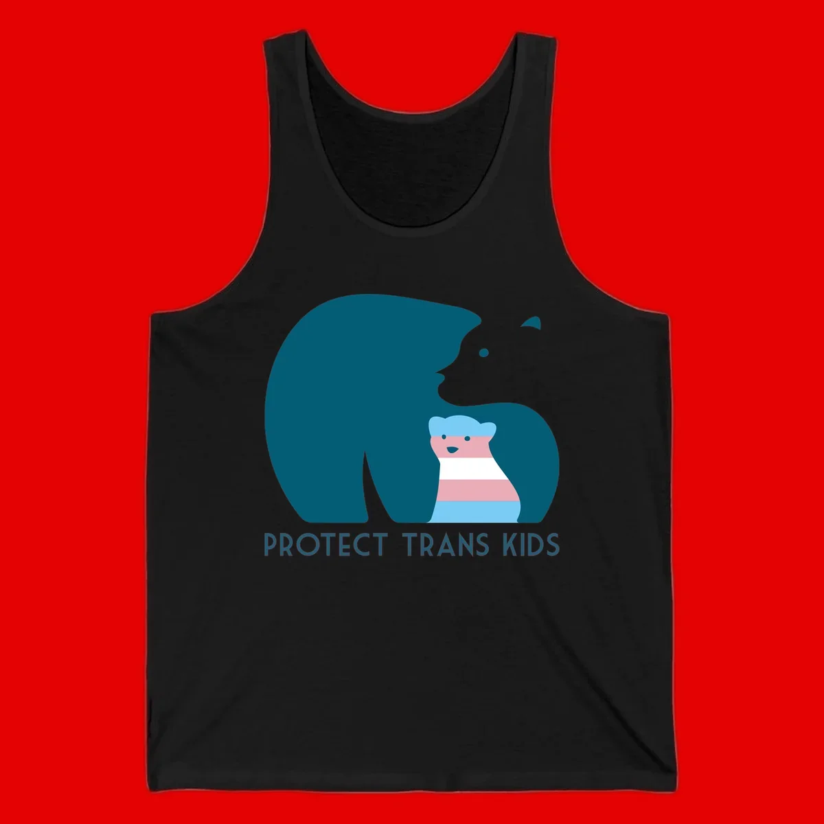 Illustration of large protective bear with small colorful striped cub inside, text reads 'Protect Trans Kids' in teal