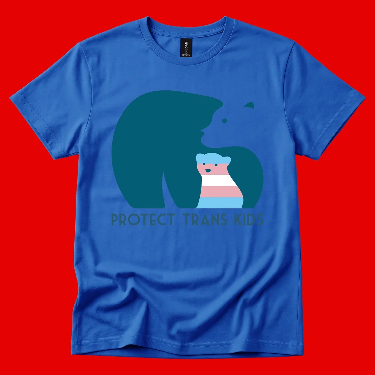 Illustration of large protective bear with small colorful striped cub inside, text reads 'Protect Trans Kids' in teal