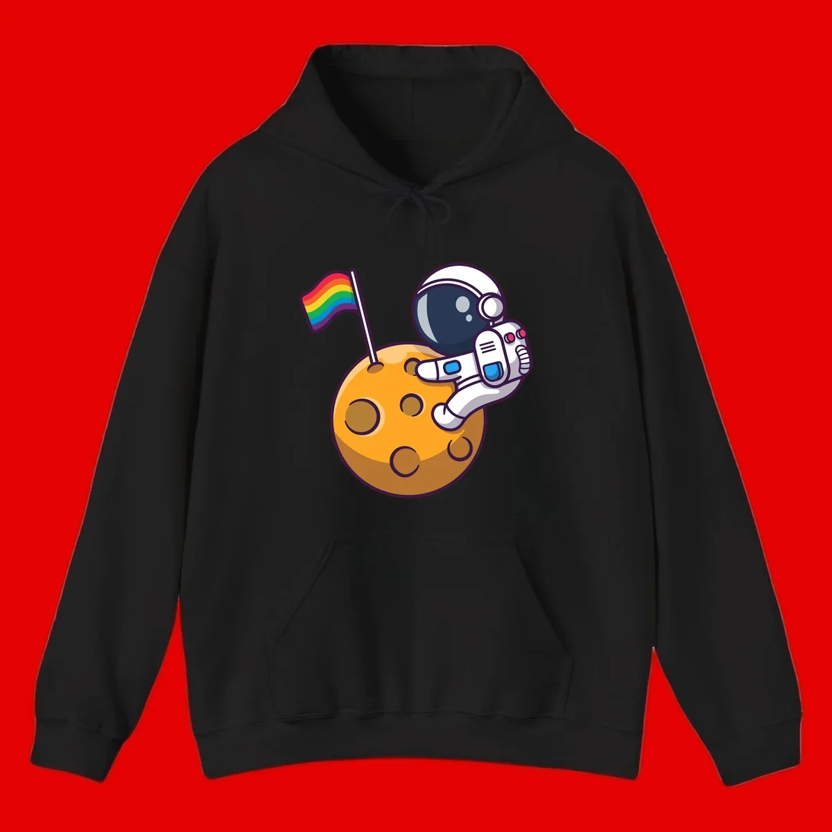 Astronaut in space suit holding rainbow pride flag on moon with craters and stars