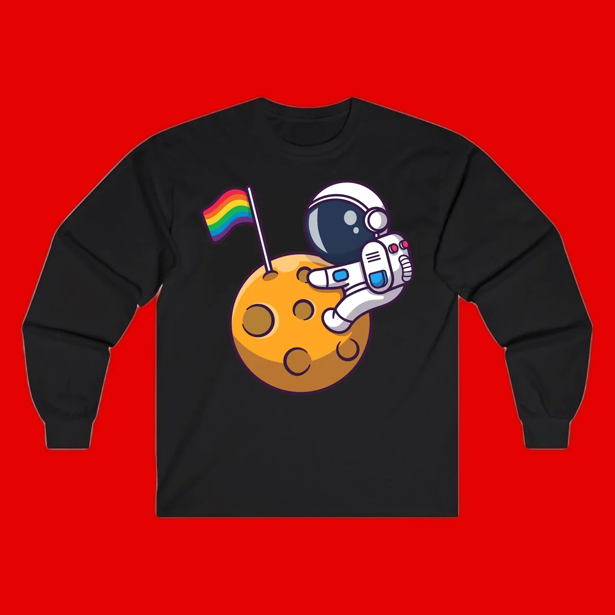 Astronaut in space suit holding rainbow pride flag on moon with craters and stars