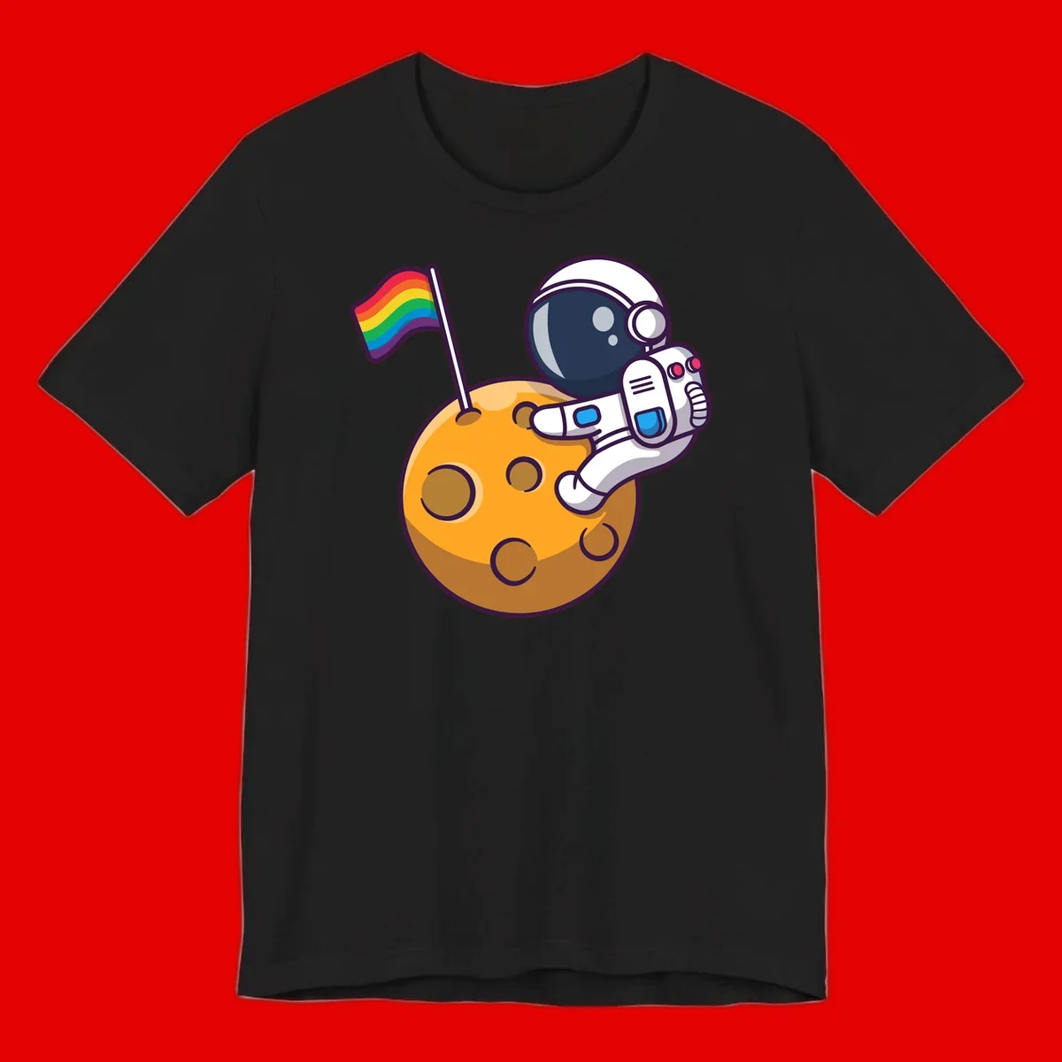 Astronaut in space suit holding rainbow pride flag on moon with craters and stars