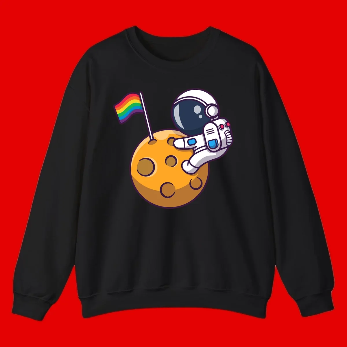 Astronaut in space suit holding rainbow pride flag on moon with craters and stars