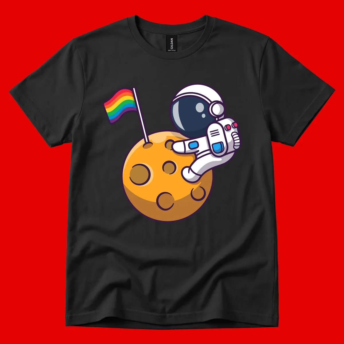 Astronaut in space suit holding rainbow pride flag on moon with craters and stars