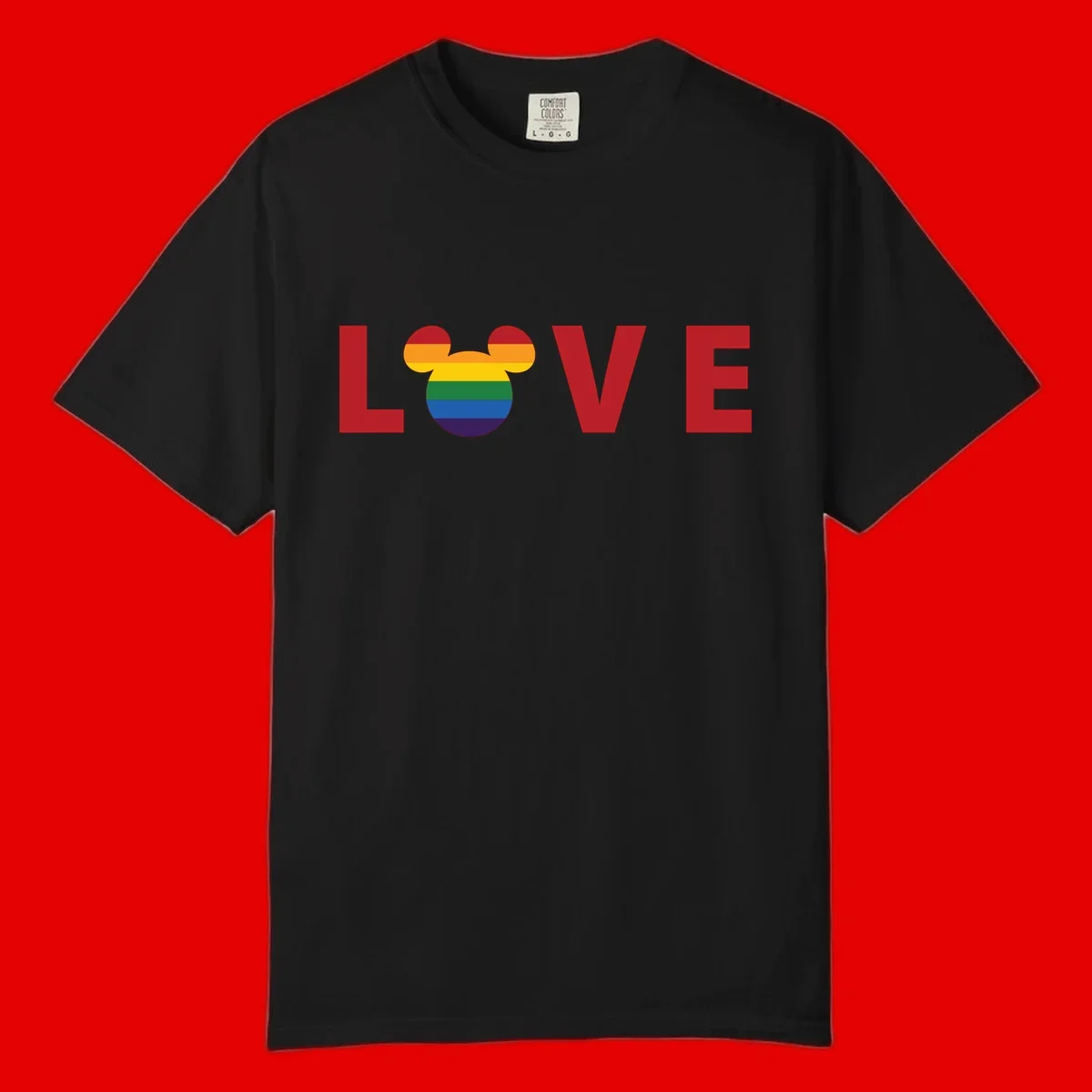 Love Pride Mouse Ears design featuring bold red LOVE text with rainbow-striped Mickey Mouse head combining Disney and LGBTQ Pride imagery