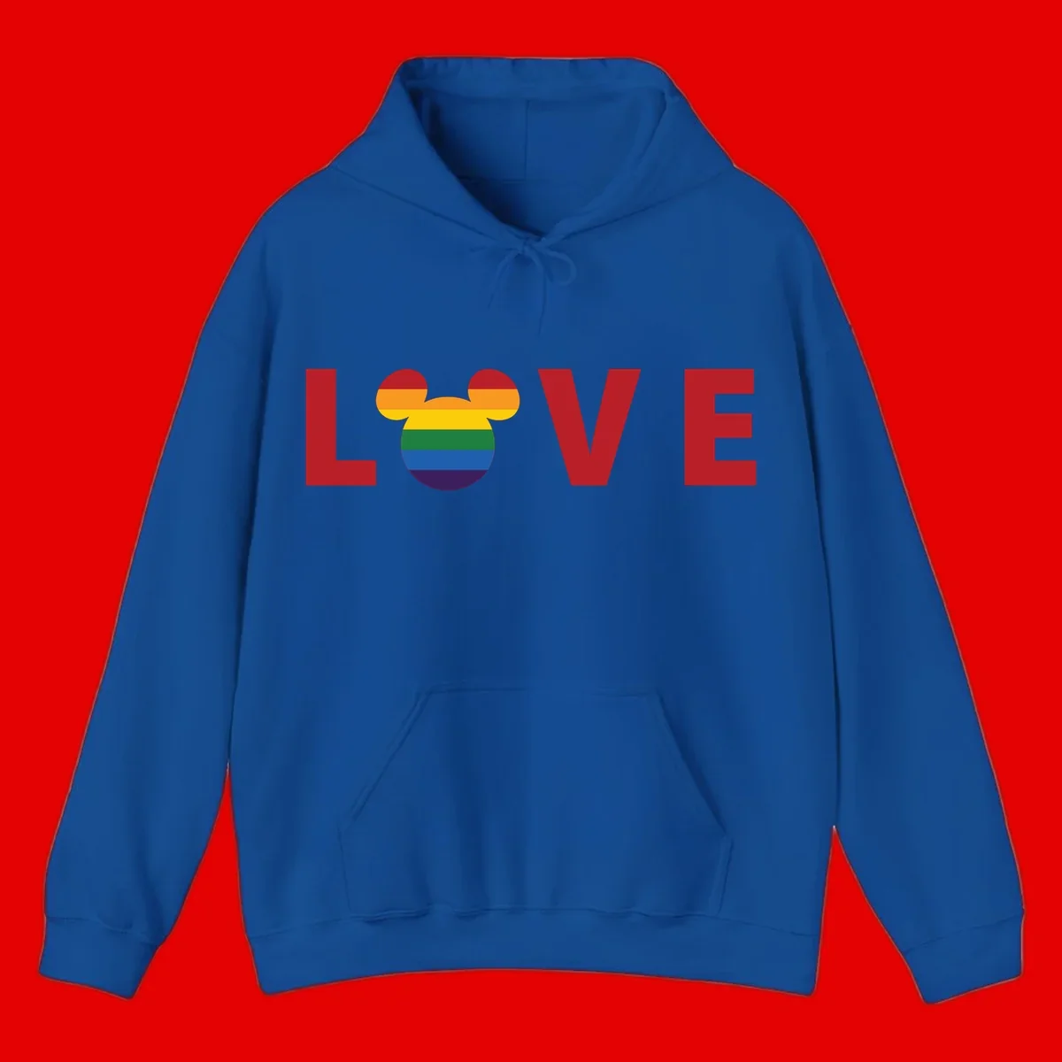 Love Pride Mouse Ears design featuring bold red LOVE text with rainbow-striped Mickey Mouse head combining Disney and LGBTQ Pride imagery