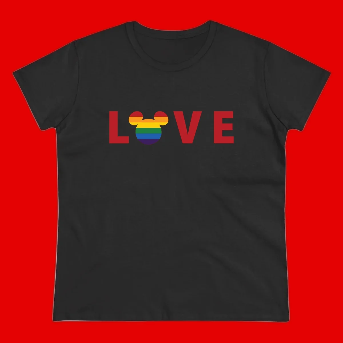 Love Pride Mouse Ears design featuring bold red LOVE text with rainbow-striped Mickey Mouse head combining Disney and LGBTQ Pride imagery
