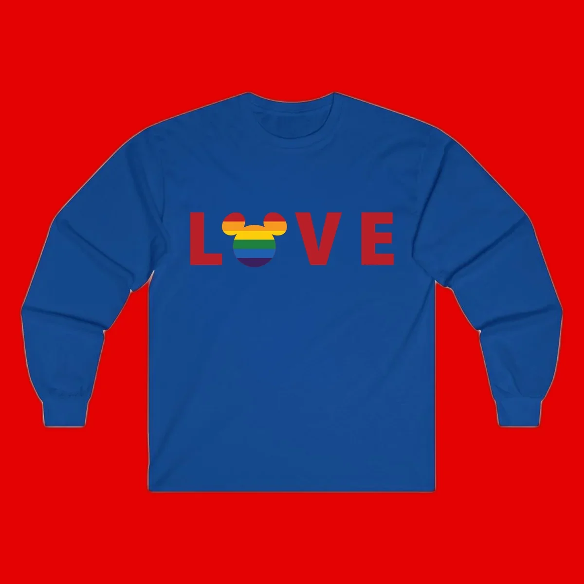 Love Pride Mouse Ears design featuring bold red LOVE text with rainbow-striped Mickey Mouse head combining Disney and LGBTQ Pride imagery
