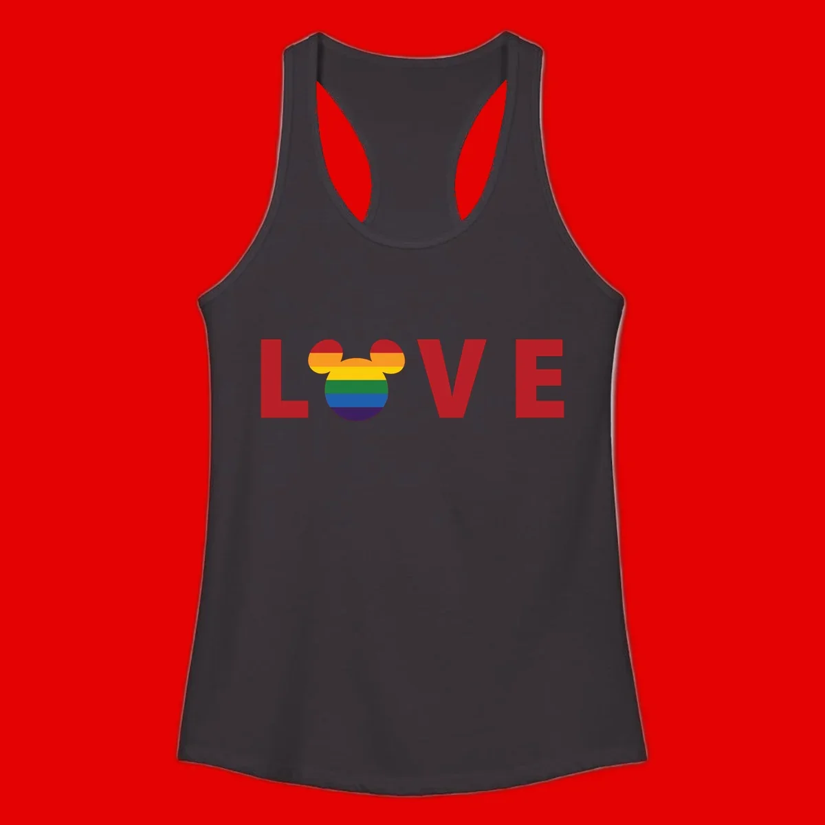 Love Pride Mouse Ears design featuring bold red LOVE text with rainbow-striped Mickey Mouse head combining Disney and LGBTQ Pride imagery