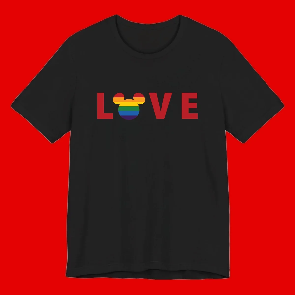 Love Pride Mouse Ears design featuring bold red LOVE text with rainbow-striped Mickey Mouse head combining Disney and LGBTQ Pride imagery