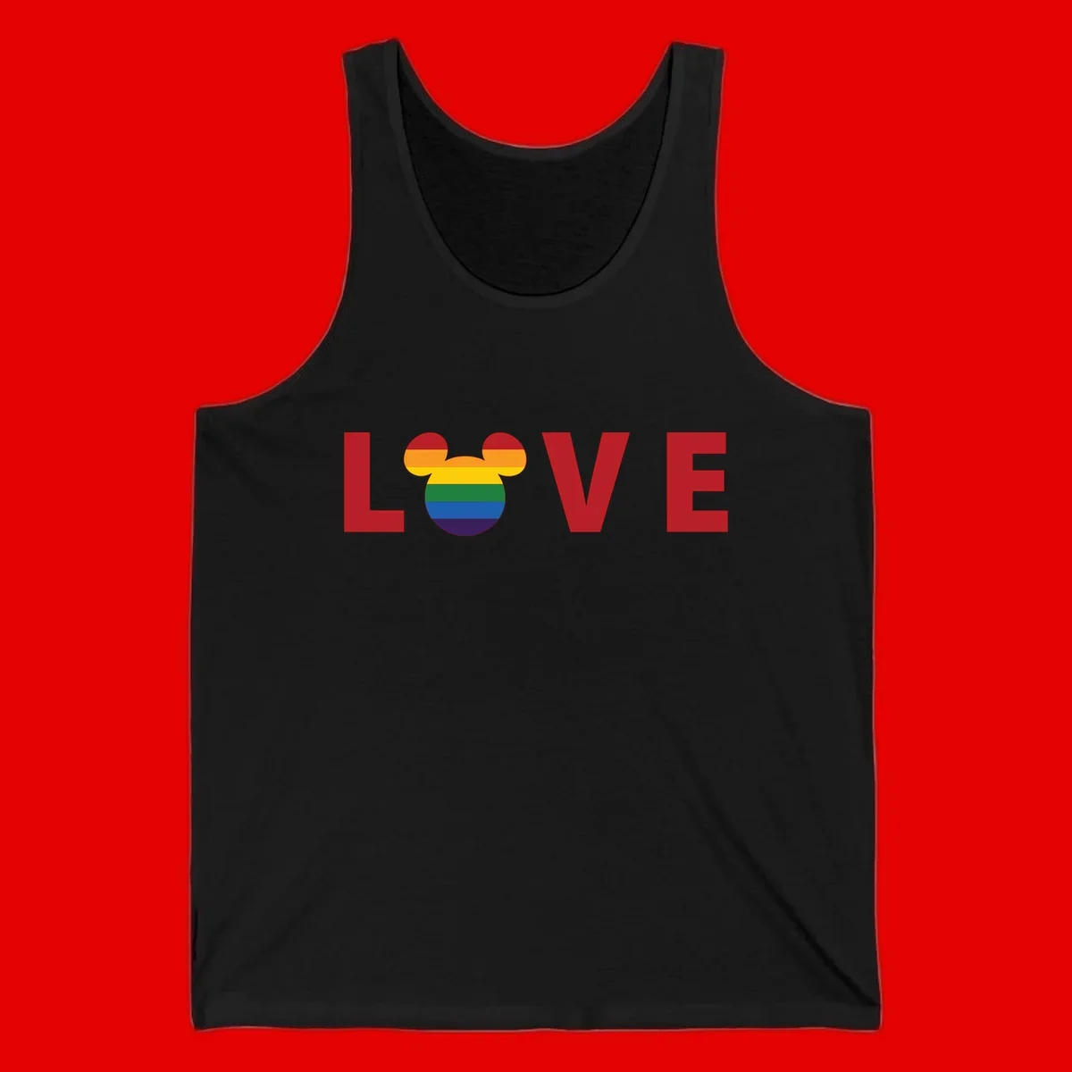 Love Pride Mouse Ears design featuring bold red LOVE text with rainbow-striped Mickey Mouse head combining Disney and LGBTQ Pride imagery