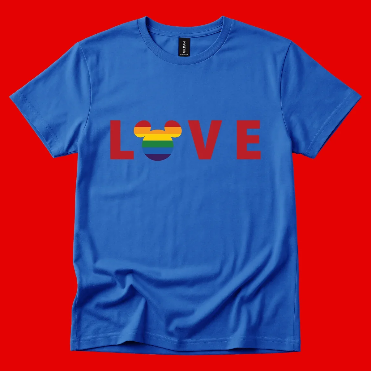Love Pride Mouse Ears design featuring bold red LOVE text with rainbow-striped Mickey Mouse head combining Disney and LGBTQ Pride imagery