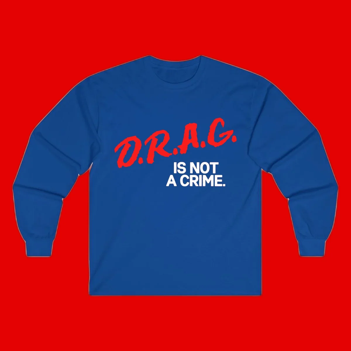 Bold red LGBTQ+ letters with white text reading 'IS NOT A CRIME' on gray background, pride statement design.