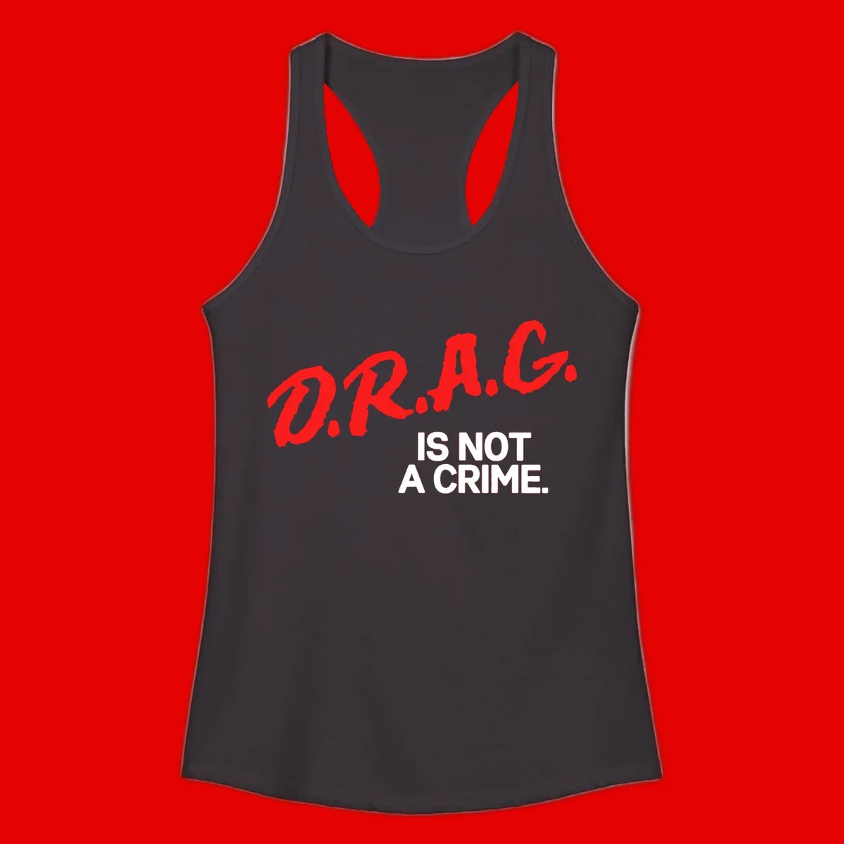 Bold red LGBTQ+ letters with white text reading 'IS NOT A CRIME' on gray background, pride statement design.
