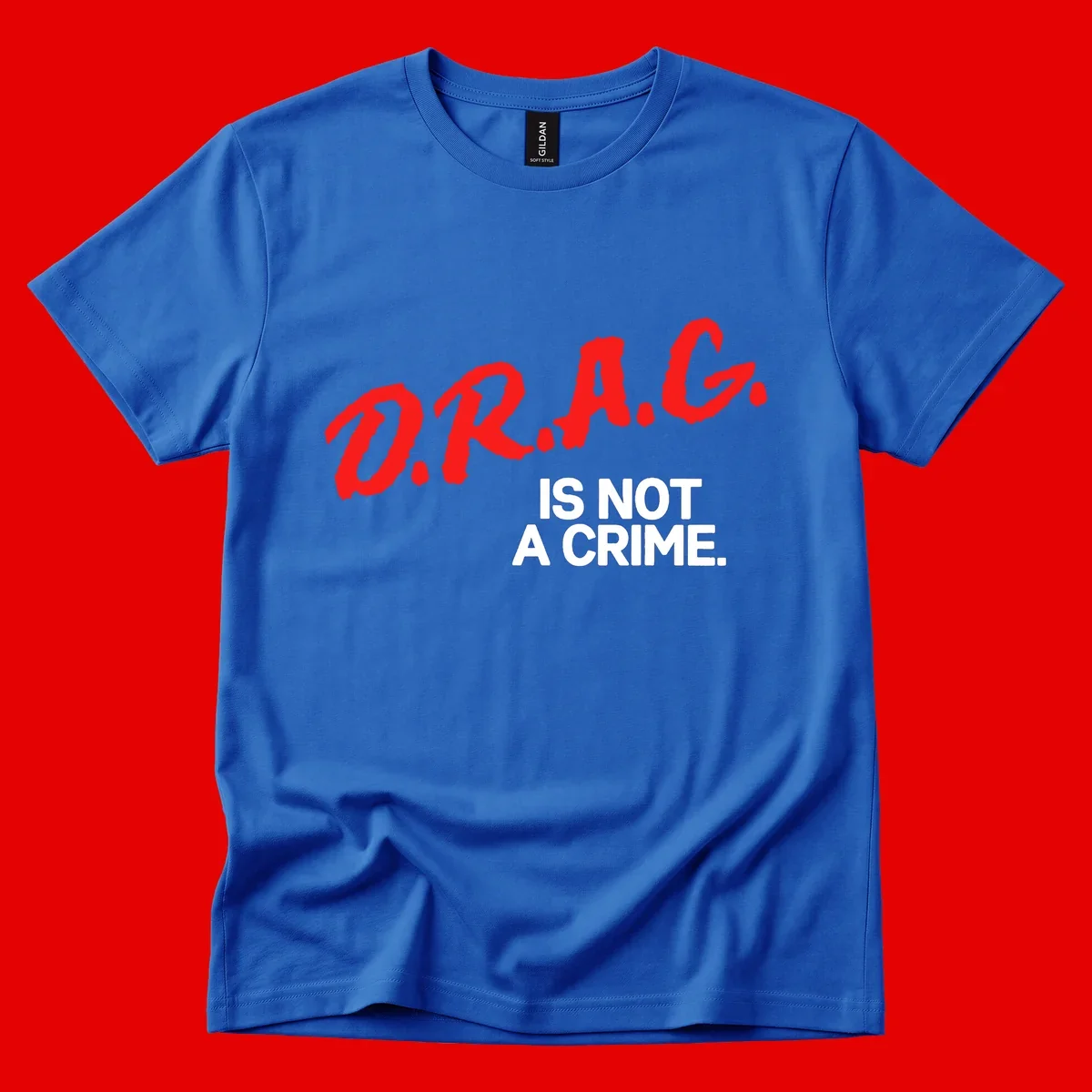 Bold red LGBTQ+ letters with white text reading 'IS NOT A CRIME' on gray background, pride statement design.