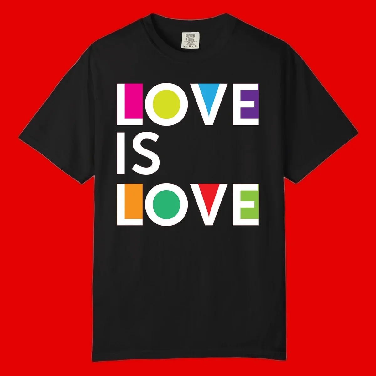 Love is love pride design featuring stacked text with colorful geometric shapes in rainbow colors on gray background