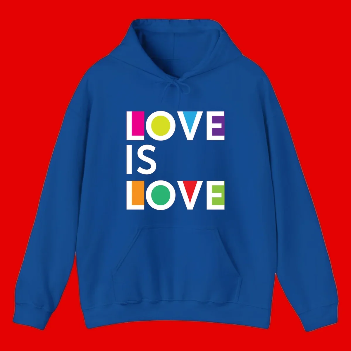 Love is love pride design featuring stacked text with colorful geometric shapes in rainbow colors on gray background