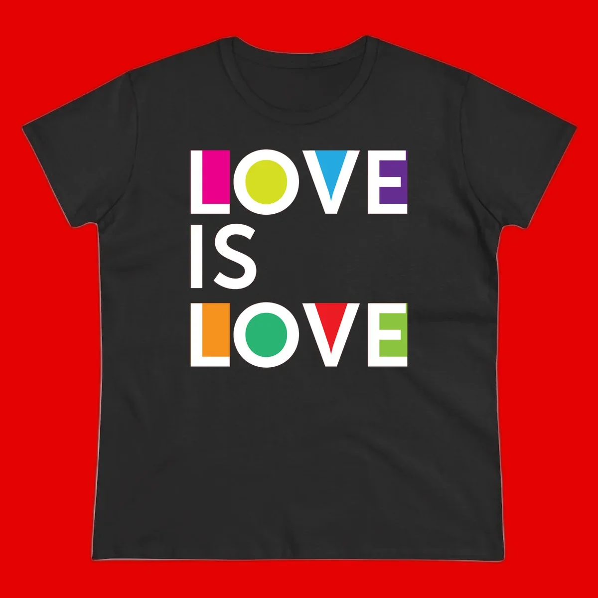 Love is love pride design featuring stacked text with colorful geometric shapes in rainbow colors on gray background