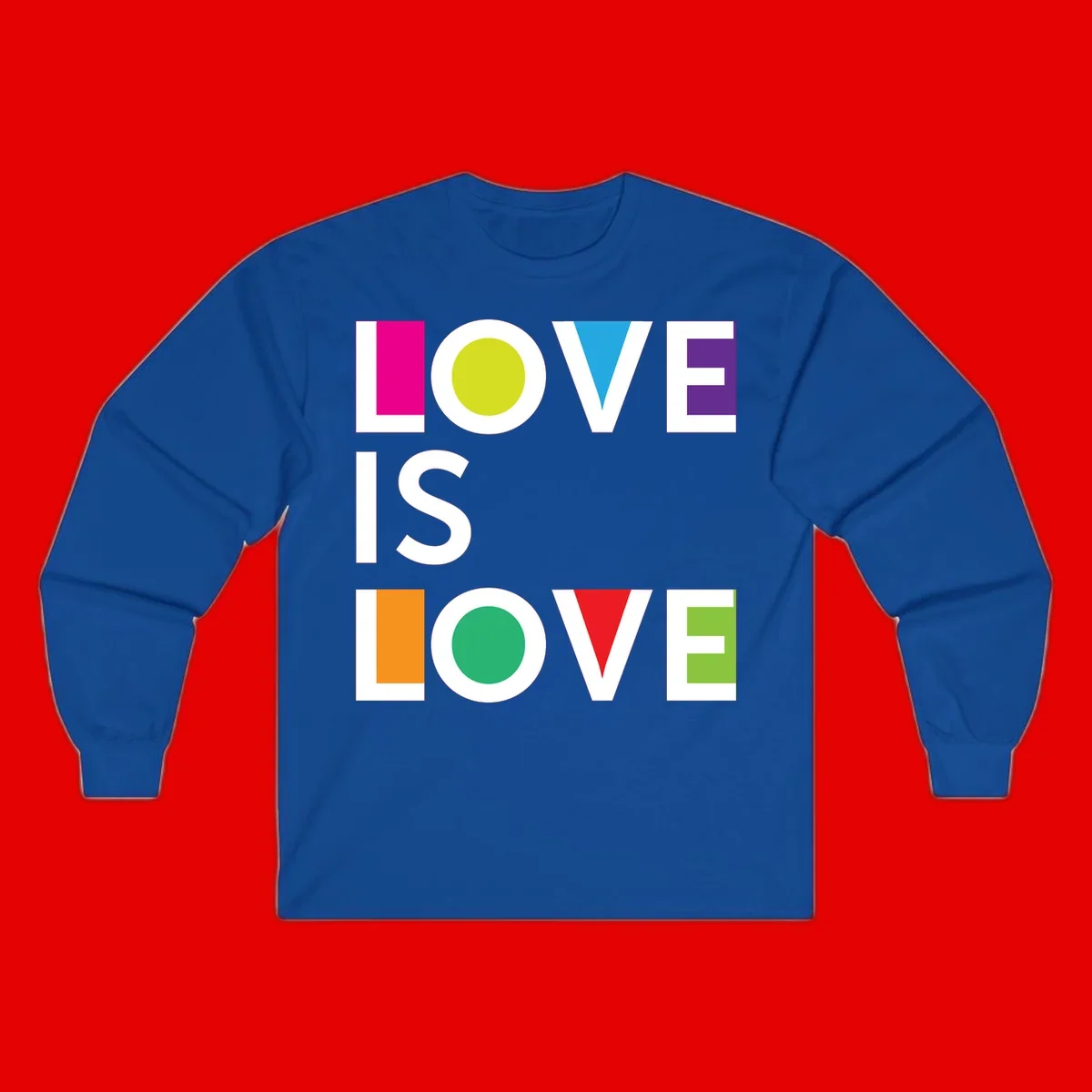 Love is love pride design featuring stacked text with colorful geometric shapes in rainbow colors on gray background
