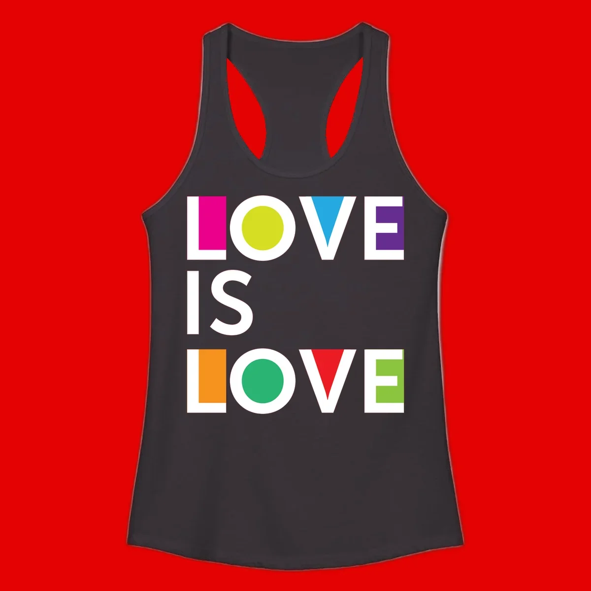 Love is love pride design featuring stacked text with colorful geometric shapes in rainbow colors on gray background