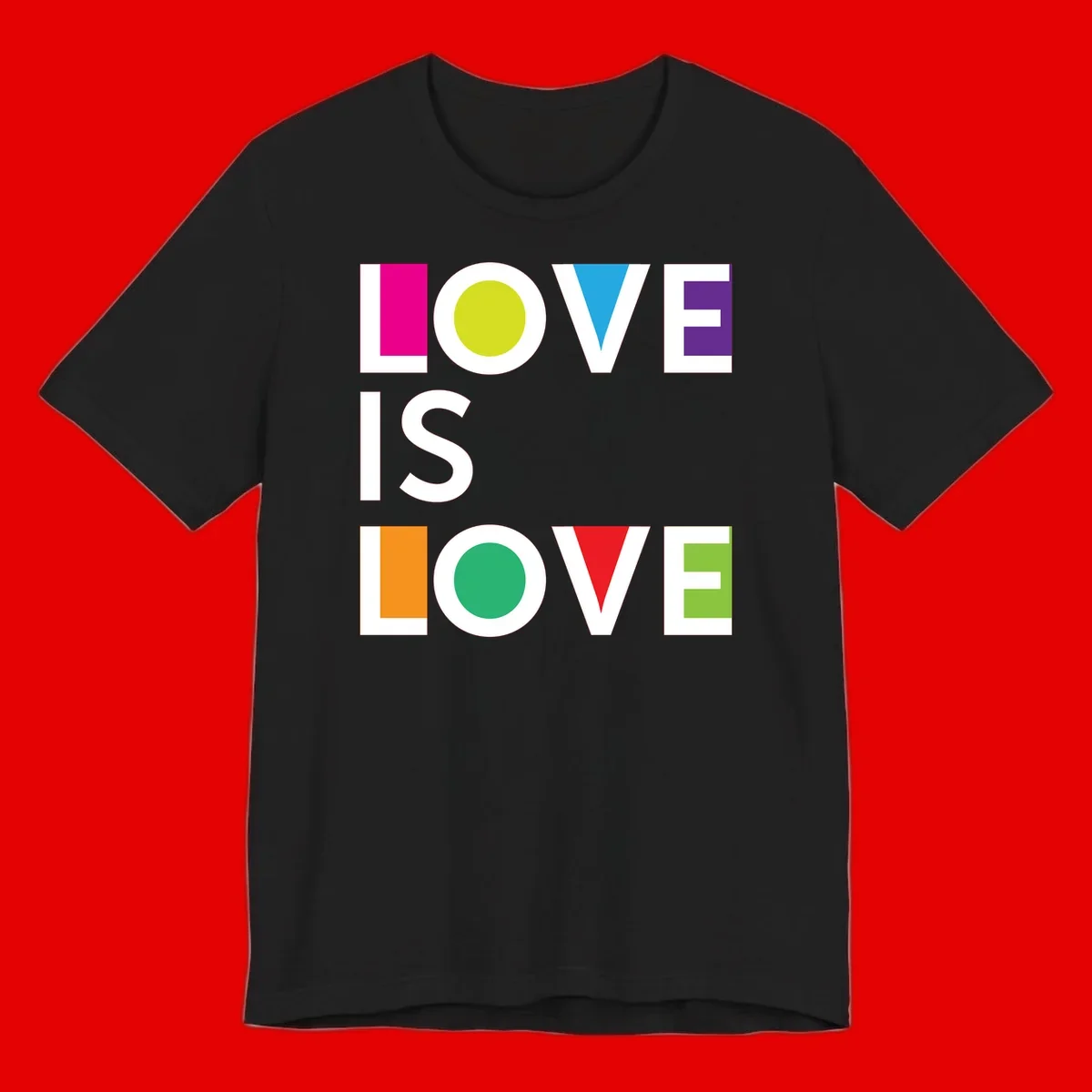 Love is love pride design featuring stacked text with colorful geometric shapes in rainbow colors on gray background