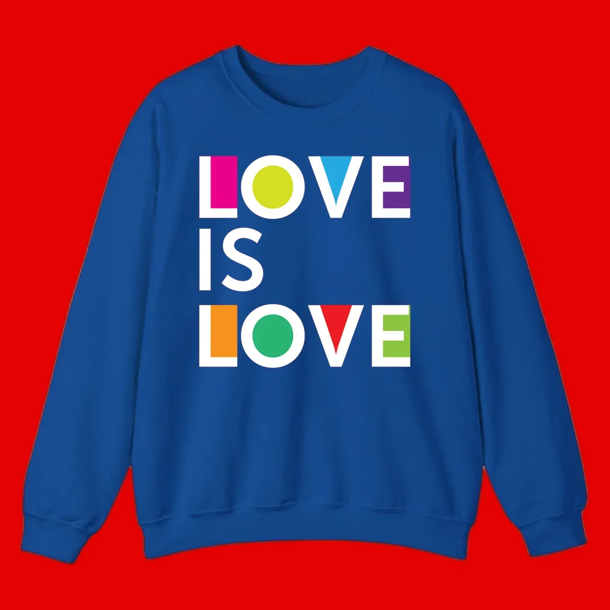 Love is love pride design featuring stacked text with colorful geometric shapes in rainbow colors on gray background