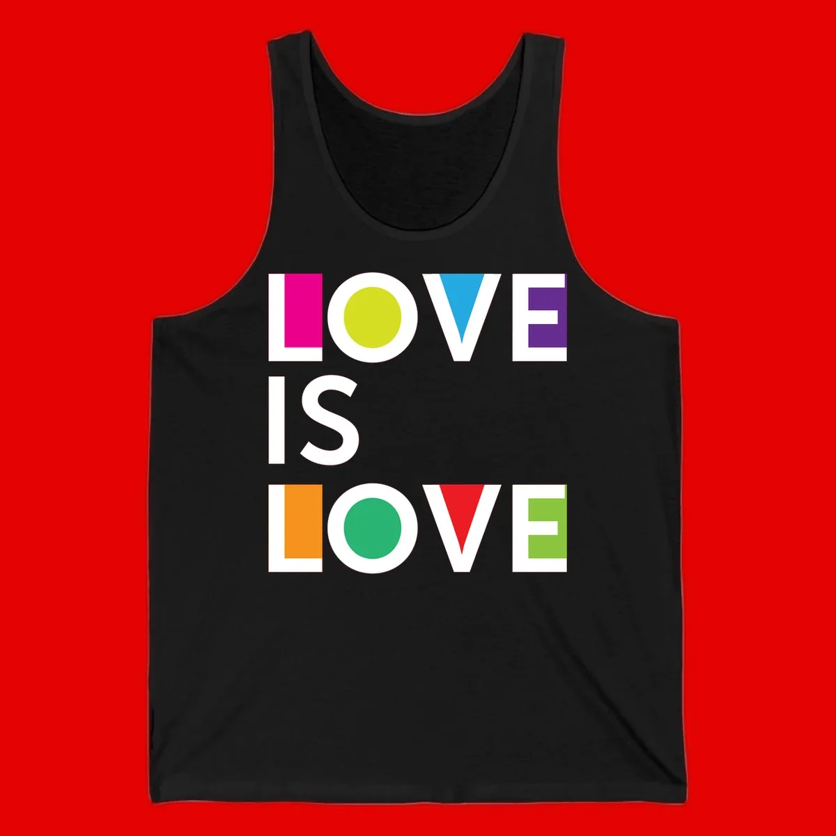 Love is love pride design featuring stacked text with colorful geometric shapes in rainbow colors on gray background
