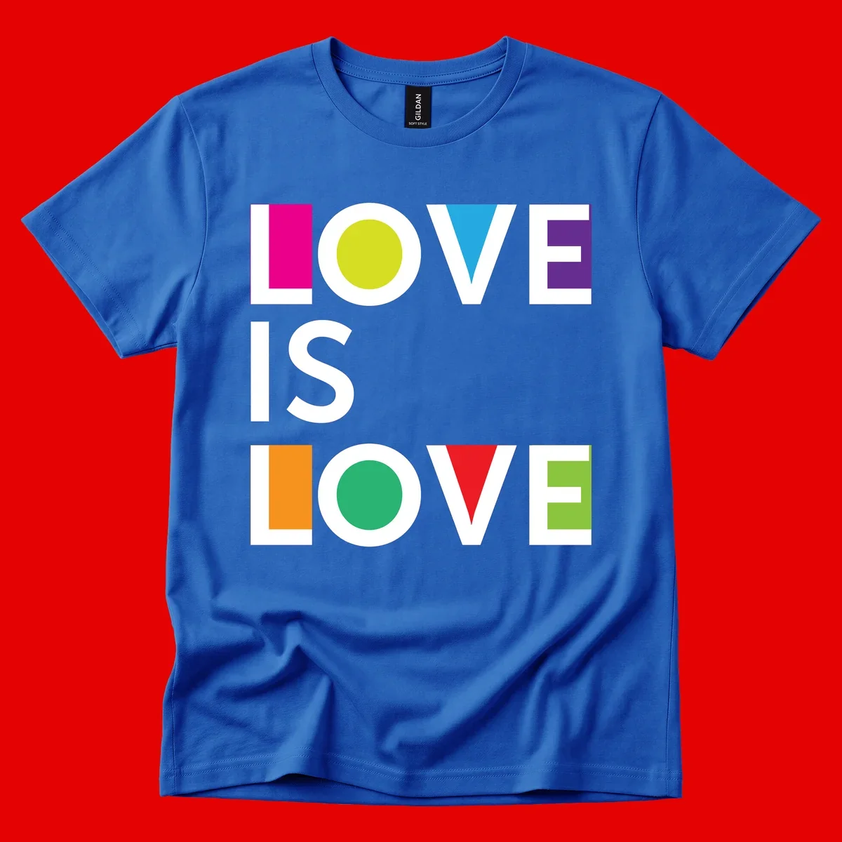 Love is love pride design featuring stacked text with colorful geometric shapes in rainbow colors on gray background