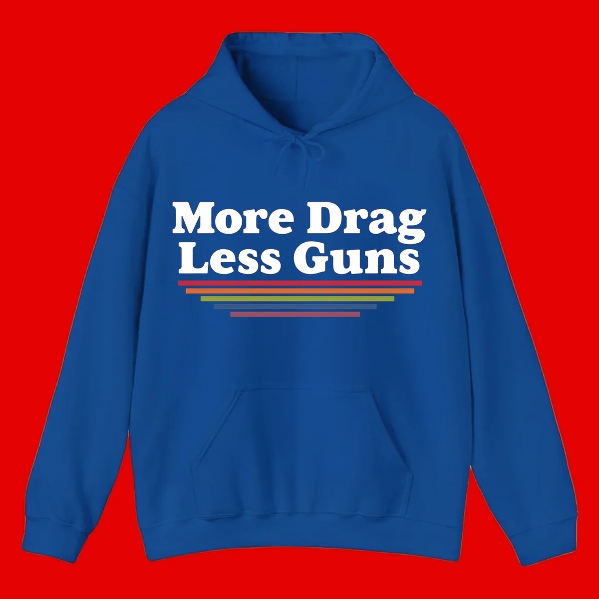 Bold white text reading 'More Drag Less Guns' with colorful horizontal bars below on gray background