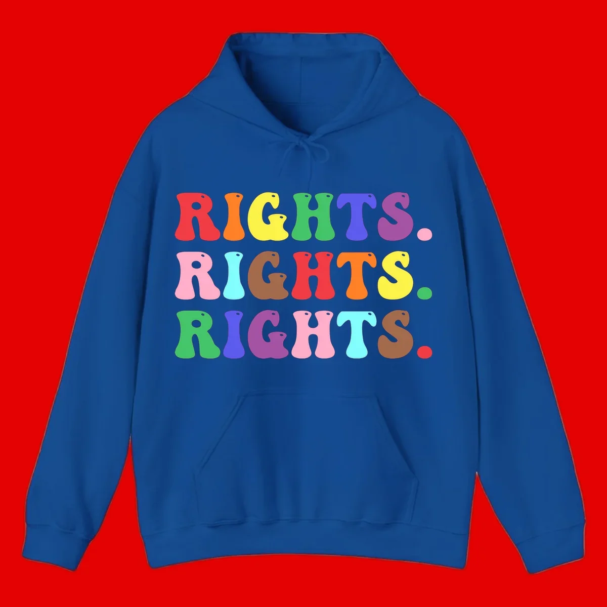 Rainbow-colored letters spelling 'RIGHTS' three times in bright red, orange, yellow, green, blue, purple, pink, cyan, and brown on gray background