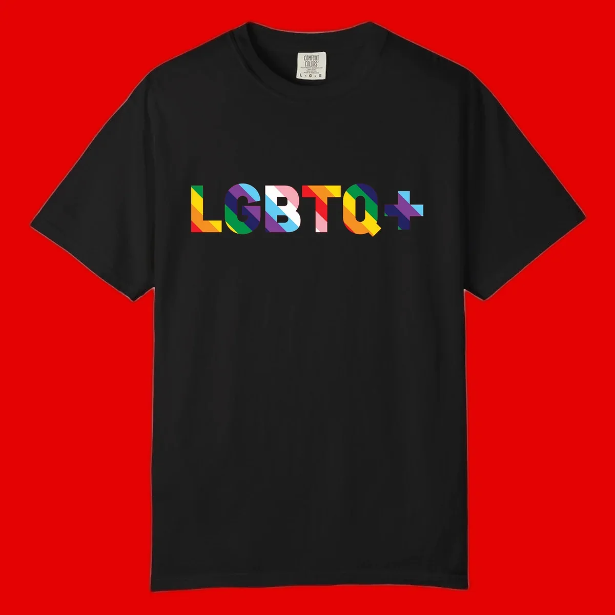 Colorful lgbtq-pride-letters design with diagonal rainbow stripes in red, orange, yellow, green, cyan, purple, and navy forming bold text